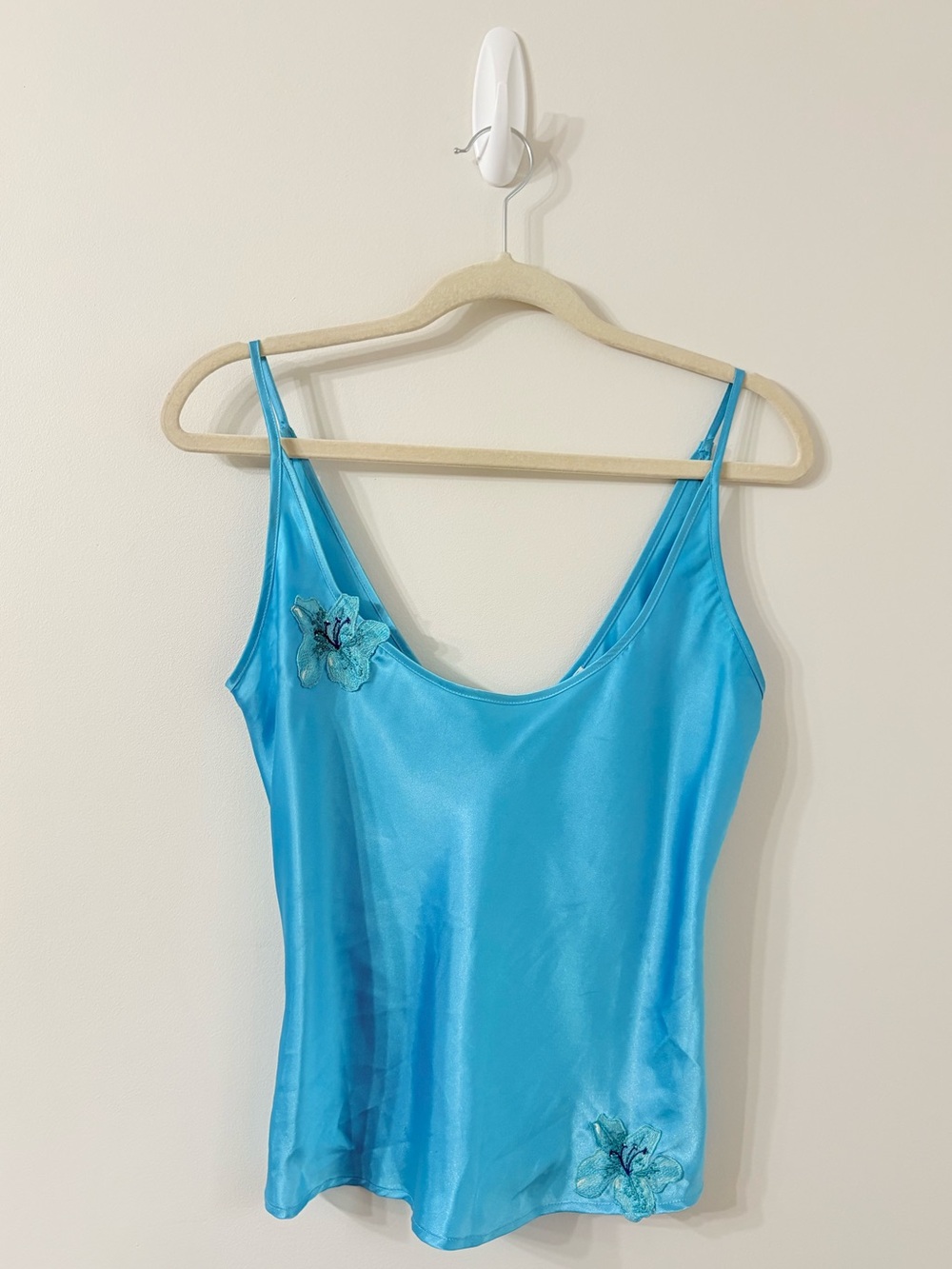 VTG LASENZA Y2K Blue Satin Cami Top 3D Hibiscus Flower Mermaidcore Pop Princess